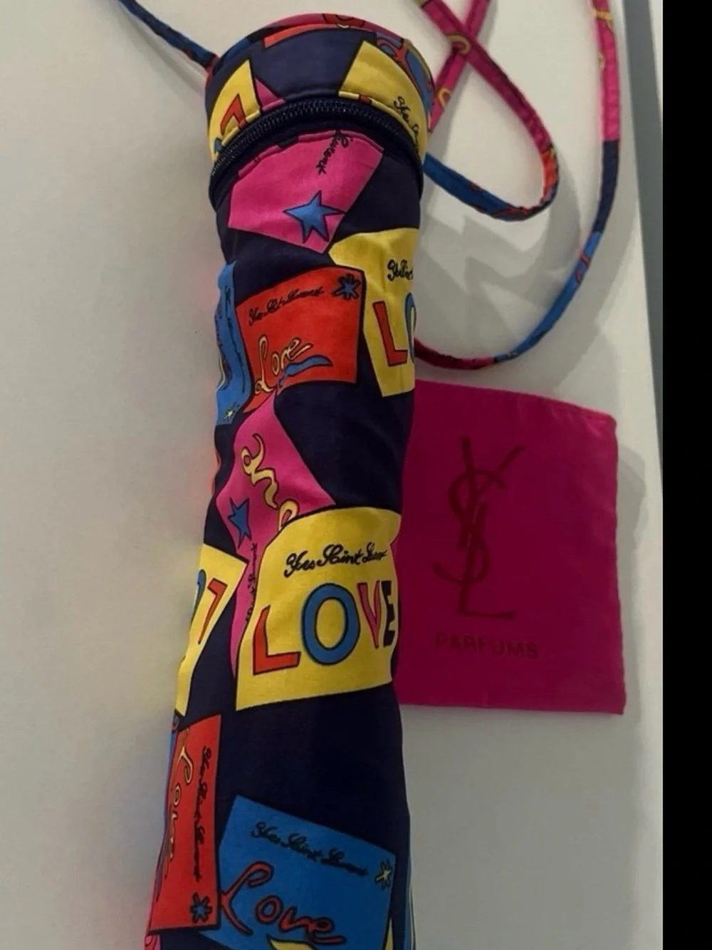 Yves Saint Laurent Pink and Blue Patterned Crossbody Pouch with Gold Logo
